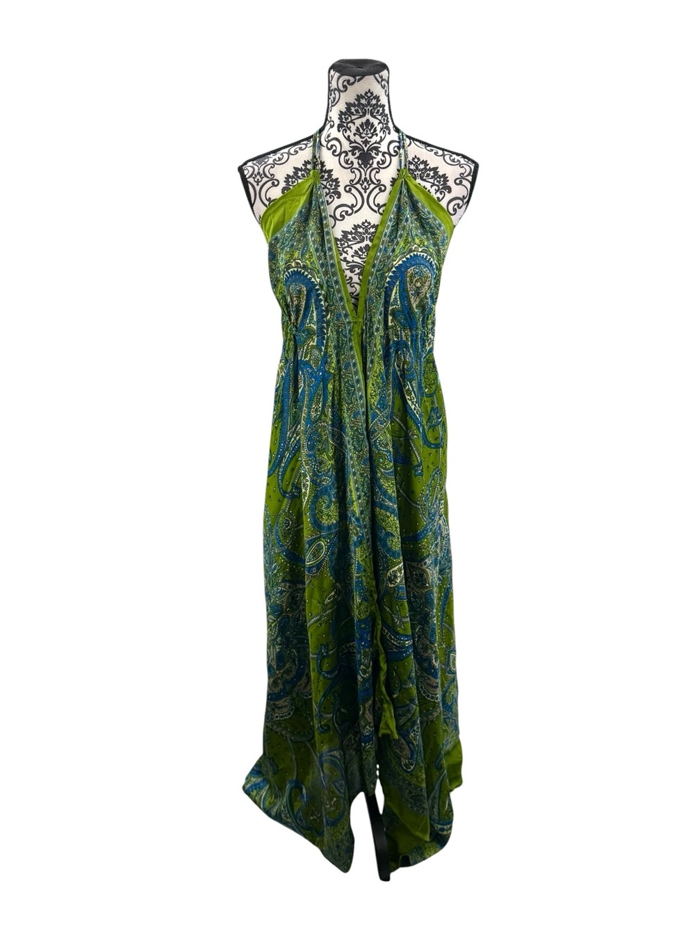 Handkerchief Green Blue Paisley Adjustable tie Maxi Open Back Boho Resort Dress